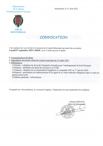 Convocation Conseil Municipal du 07 septembre 2023
