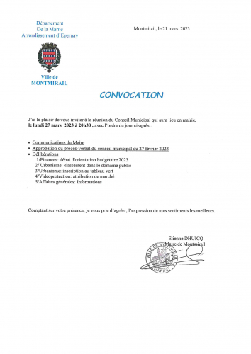 convocation Conseil Municipal 27 mars 2023