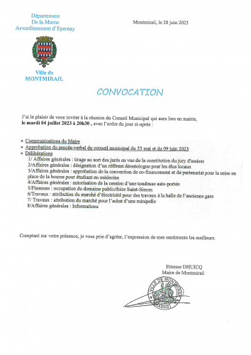 Convocation conseil municipal 04 juillet 2023