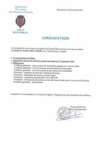 CONVOCATION CM 17 OCTOBRE 2023